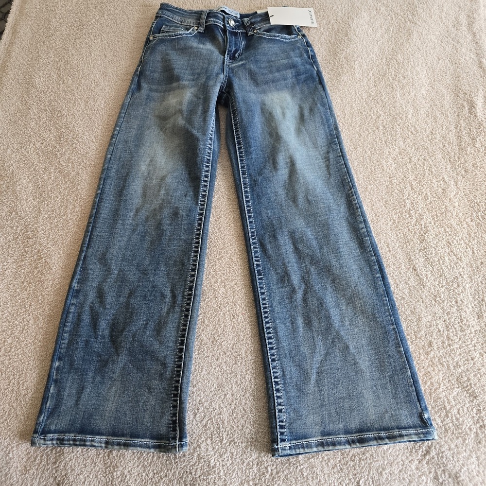 Telepatia MidRise Wide Leg Jeans Juniors Sz 7 Embroidered Skulls Roses Wings NWT